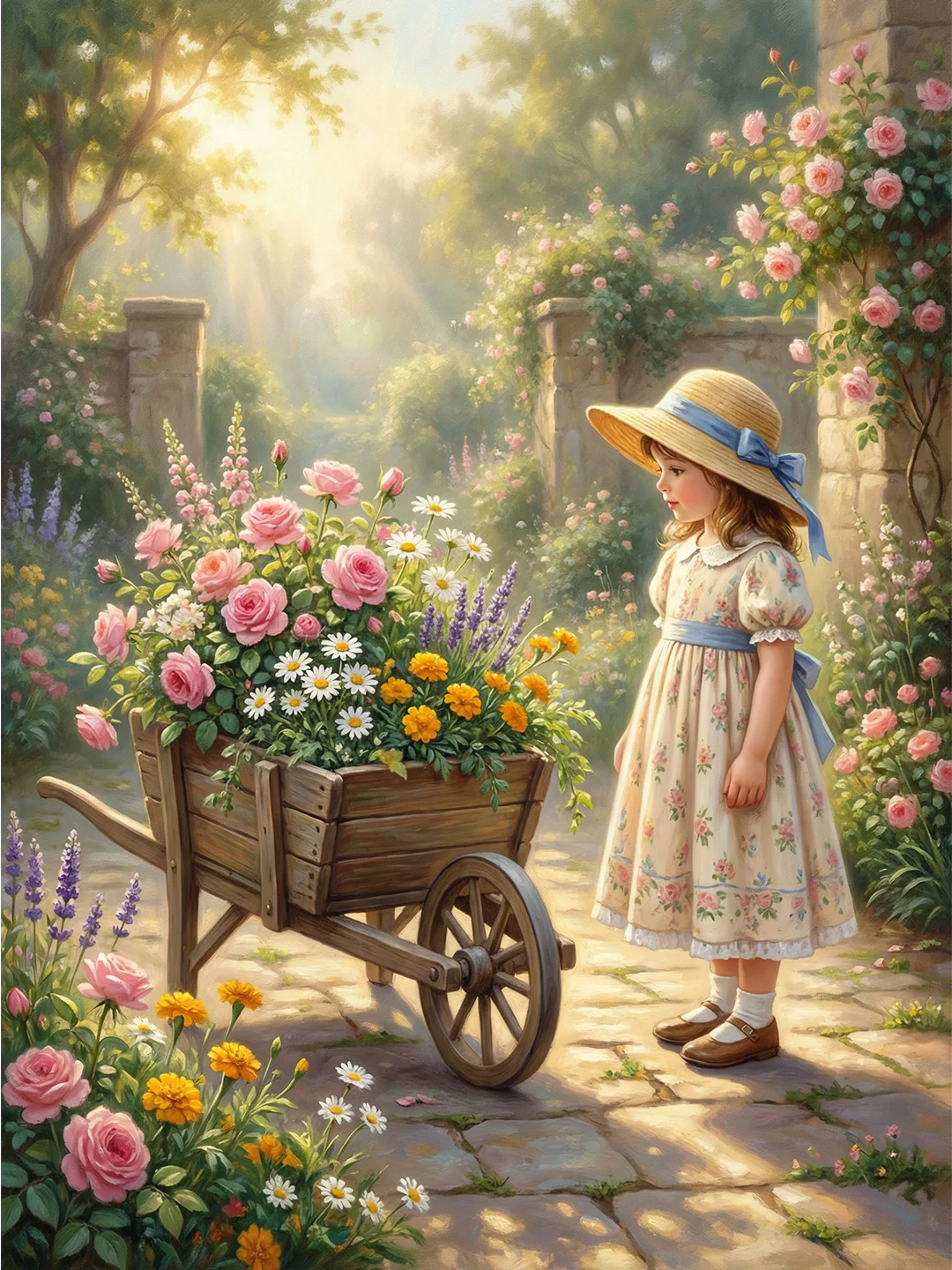 Ragazza con la pittura a punti del carrello dei fiori