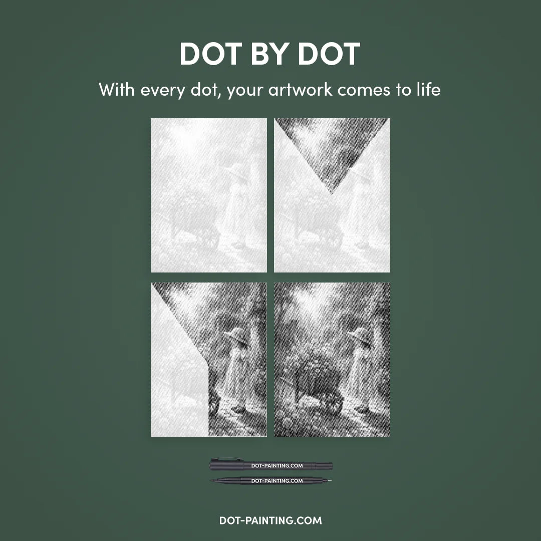 Ragazza con la pittura a punti del carrello dei fiori