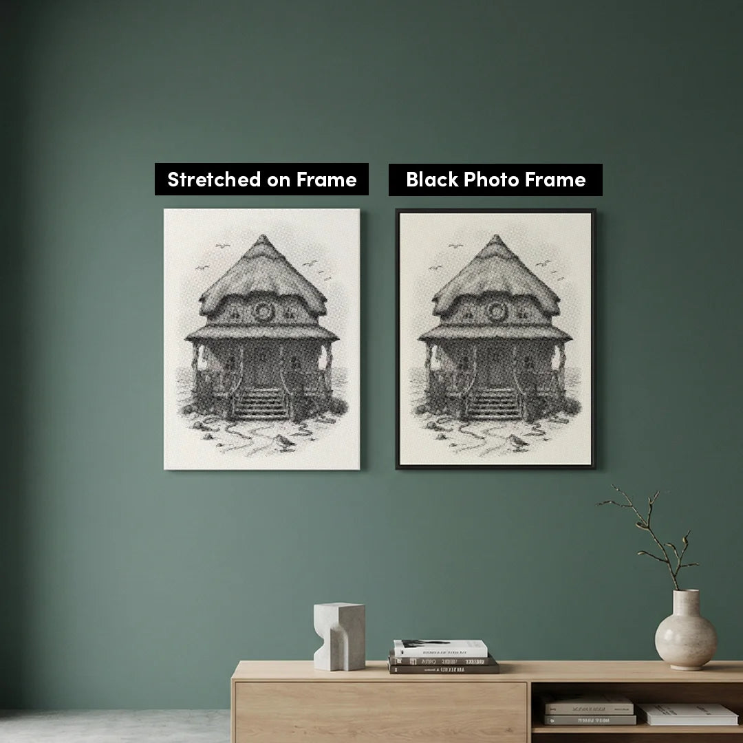 Pittura a punti del cottage sulla spiaggia