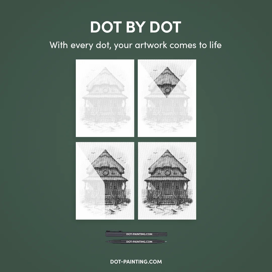 Pittura a punti del cottage sulla spiaggia